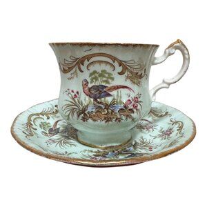 Vtg Paragon Cup & Saucer Swansea Series Bird Floral Gold Trim Fine Bone China